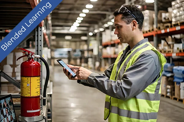 A worker in high-visibility vest uses a tablet next to a fire extinguisher in a warehouse.