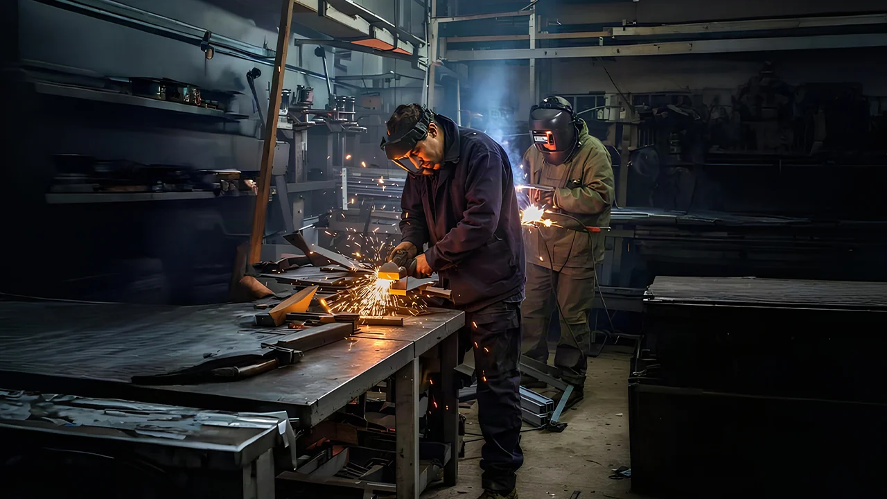 Welders in protective gear working in a dark industrial workshop.