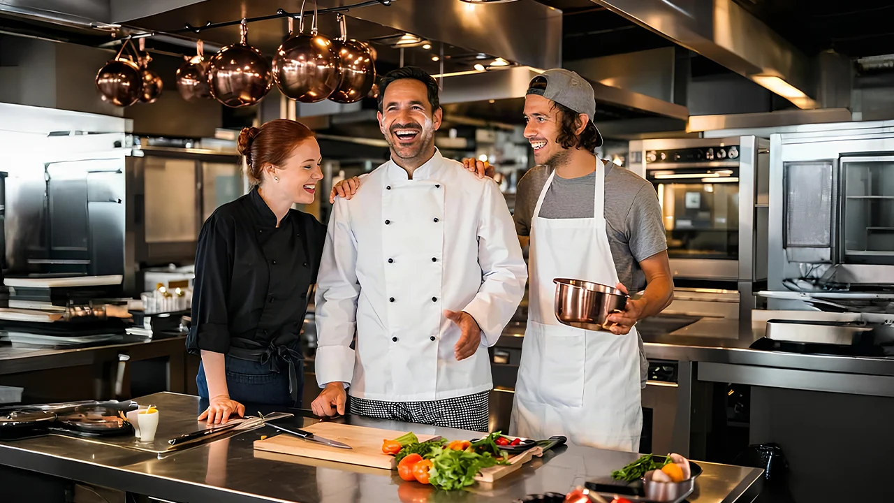 Chefs working together in a professional kitchen setting. Image representing health and safety training for commercial kitchens.