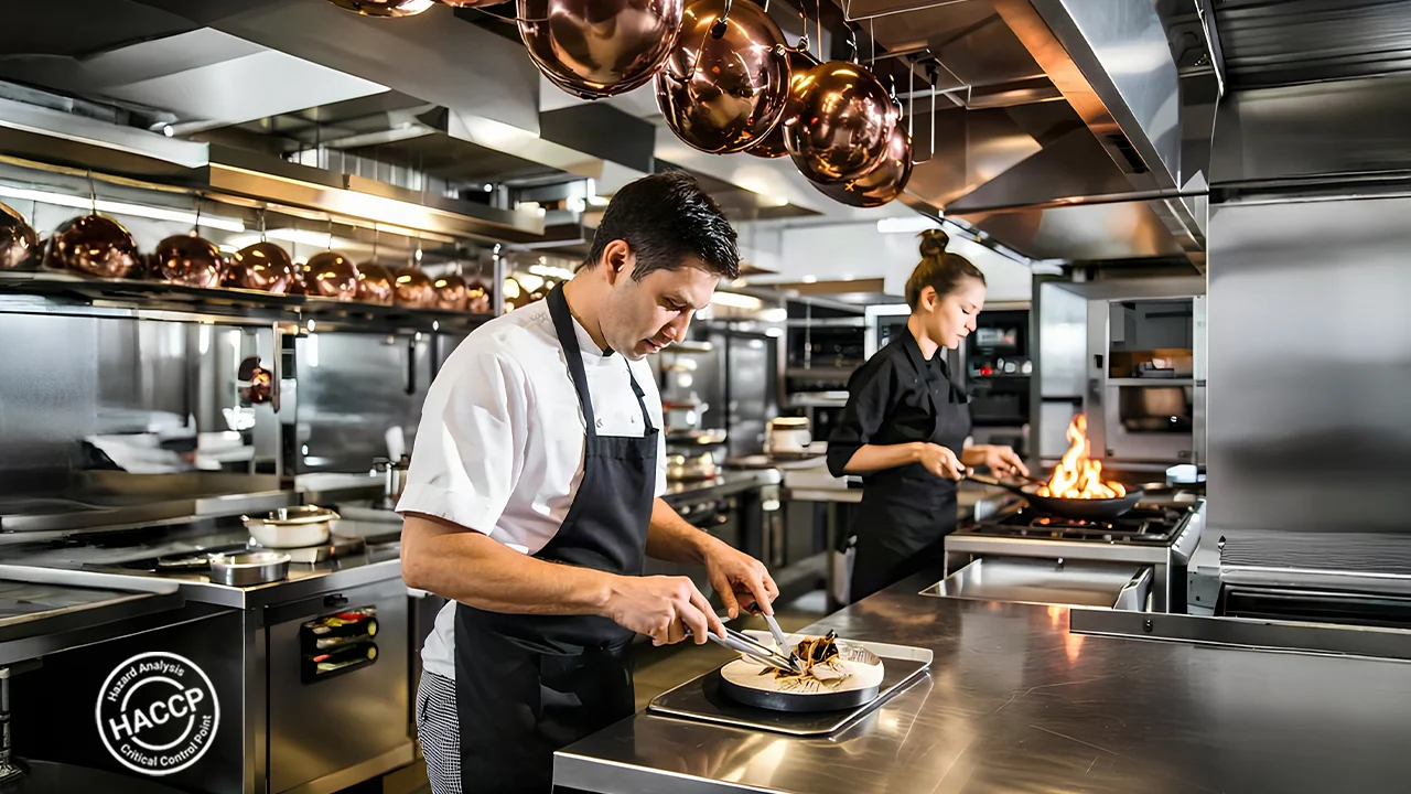 Chefs working in a modern kitchen, highlighting the importance of health and safety training. The Maccor Kitchen Safety logo is visible on a stove unit.
