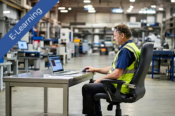 A worker in high-visibility safety wear completes e-learning safety training on a laptop in an industrial facility.
