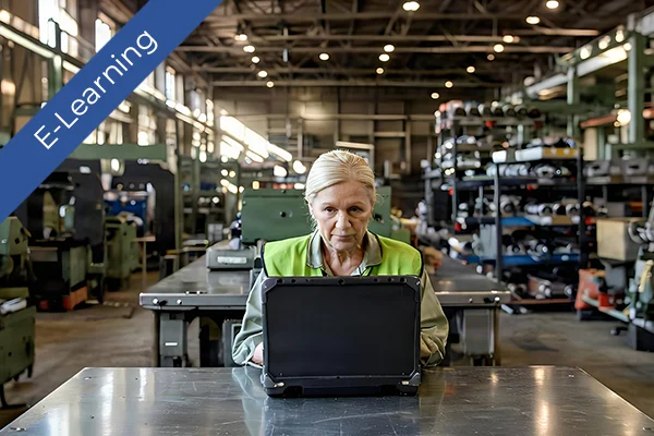 An industrial worker in a high-visibility vest uses a rugged tablet in a factory setting. The image features an 'E-Learning' banner, highlighting safety training opportunities.