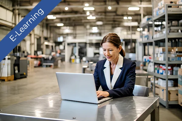 A professional woman uses a laptop for e-learning in a warehouse. Health and safety training delivered digitally on-site.