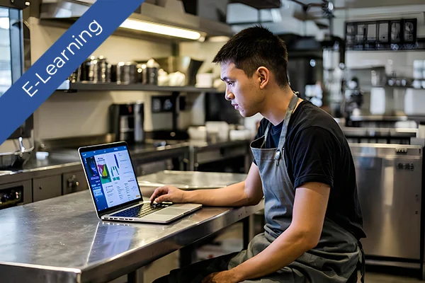 A kitchen worker uses a laptop for e-learning in a professional restaurant environment.