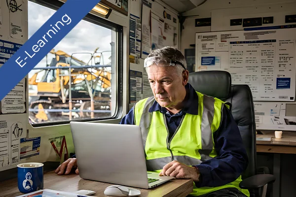 A worker in a high-visibility vest uses a laptop for e-learning on a construction site.