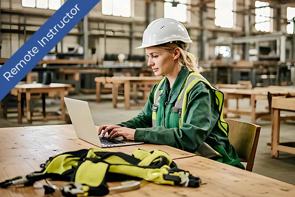 A remote instructor in PPE uses a laptop at a workbench with safety harness nearby.